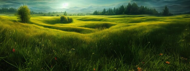 Green field tree and blue sky great as a background web banner generative ai