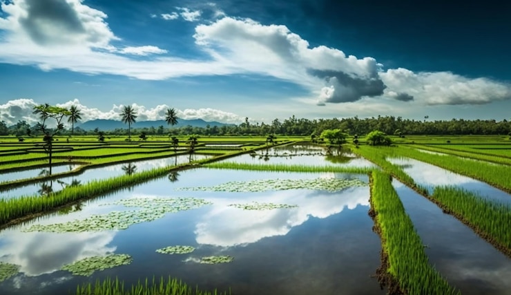 Free Photo a green field with a blue sky and clouds