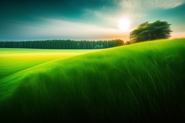 Green field with a blue sky and trees