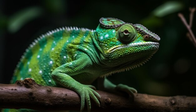 Зеленый геккон сидит на ветке в лесу, сгенерированном ИИ