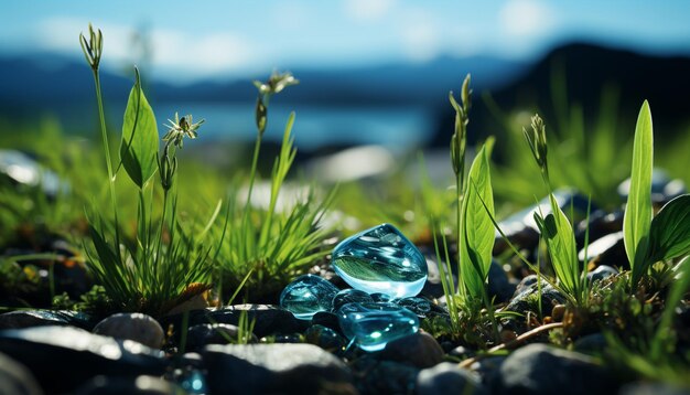 Foto gratuita erba verde cielo blu pietra lucida fiore fresco acqua trasparente generata dall'intelligenza artificiale