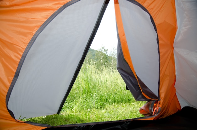 Green grass of the mountains viewed from the inside of a hiking tent