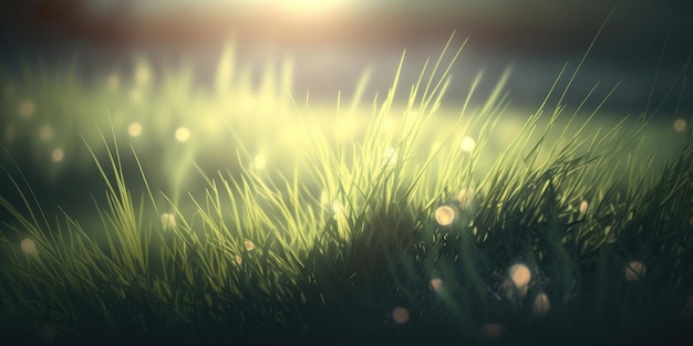 Primo piano del campo della natura dell'erba verde retroilluminato dalla luce solare dorata con i raggi del sole erba naturale primaverile su sfondo bokeh sfocato