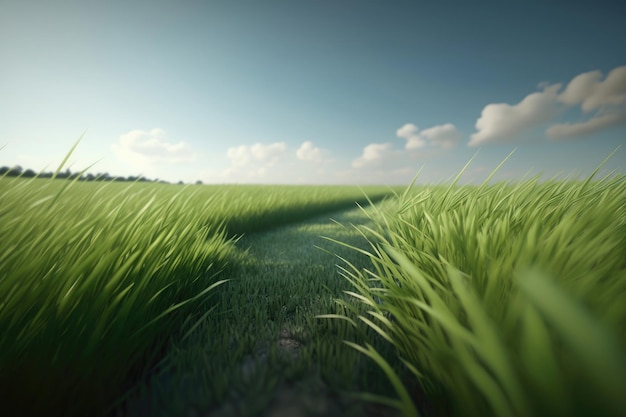 Green grass nature field closeup Natural spring grass with sky clouds horizon landscape