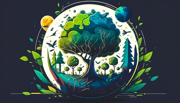 円形の生成 AI で緑の成長する木