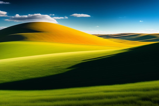 Free photo a green hill with a blue sky and the sun is shining on the horizon.