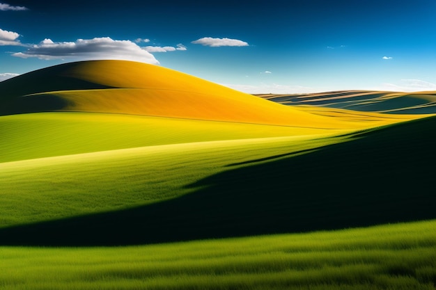 青い空と太陽が地平線に輝いている緑の丘。