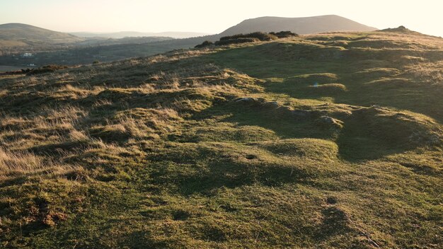 Green hills with grass with the sun shining