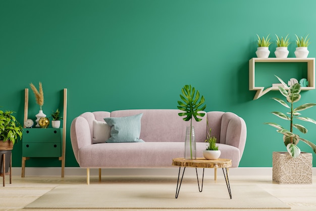 Зеленый интерьер в современном интерьере стиля гостиной с мягким диваном и зеленой стеной, 3d-рендеринг