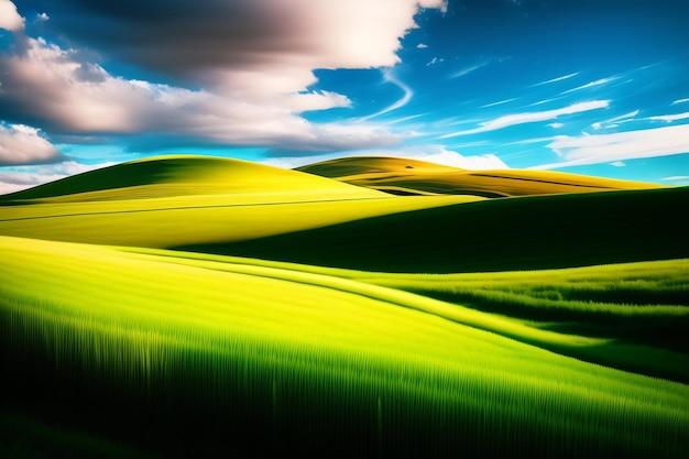 Free photo a green landscape with a blue sky and clouds