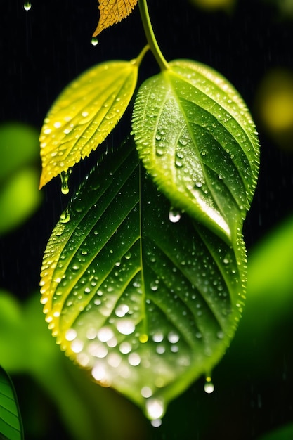 水滴が付いた緑の葉が雨に覆われています。