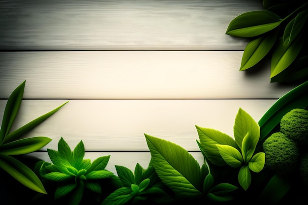 Green leaves on a wooden background