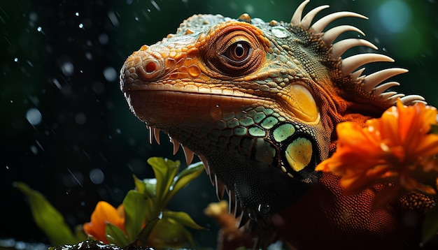 Зеленая ящерица в тропических лесах чешует блестящие глаза, сосредоточенные на добыче, созданной искусственным интеллектом