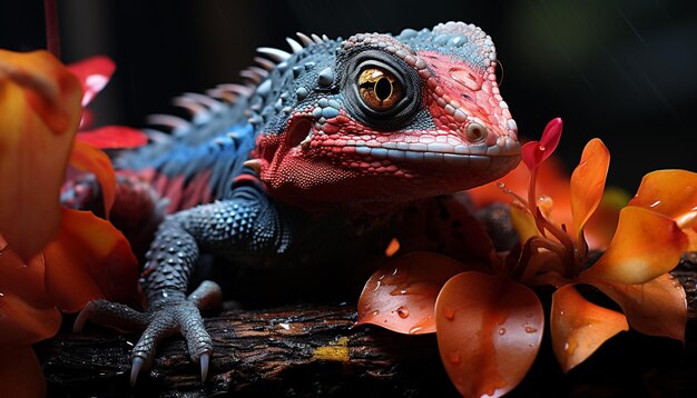 Green lizard in tropical rainforest looking cute with horned head generated by artificial intelligence