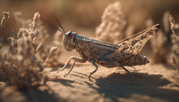 Green locust leg on leaf in sunlight generated by ai