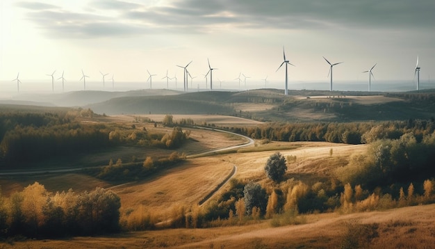緑の牧草地は AI によって生成された夕暮れ時に風を電気に変える