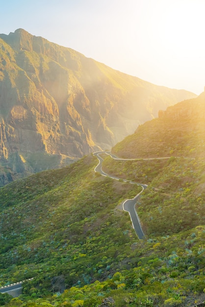 Зеленые горы холмов и извилистая дорога возле деревни Маска в солнечный день, Тенерифе, Канарские острова, Испания