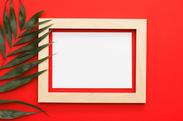 Green palm leaves branch with wooden frame on red backdrop