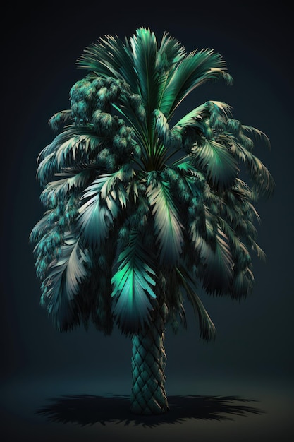 Green palm tree with green leaves on a dark background