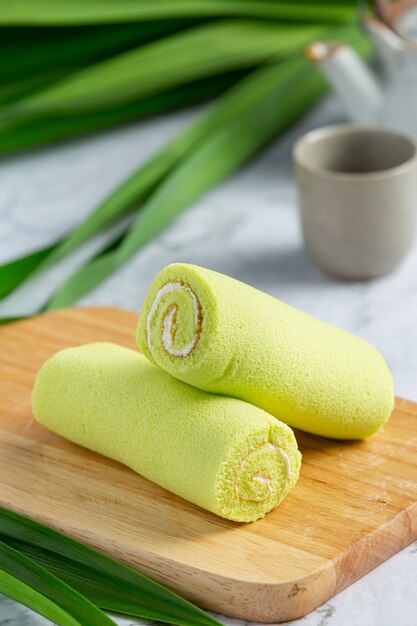 Green pandan roll cake ready to eat