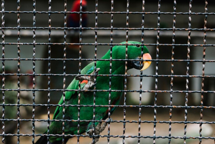 Free Photo green parrot clasping on a metal fence