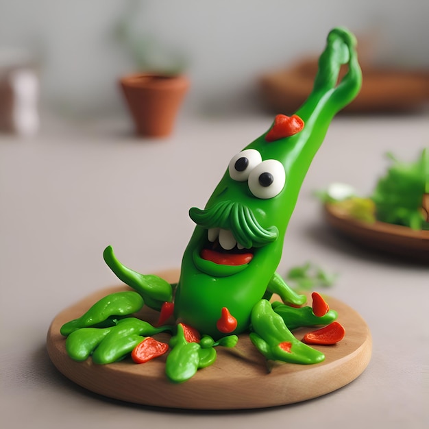 Green pepper made of plasticine on a wooden board Concept of vegetarianism and healthy eating