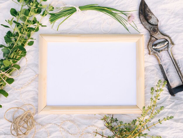 Green plant branches near garden pruner, photo frame and thread