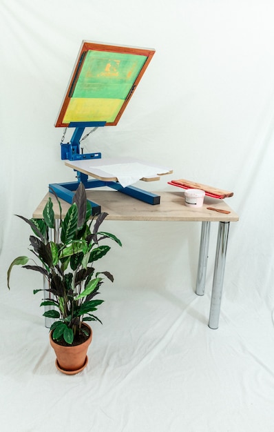 Green plant next to brown wooden table