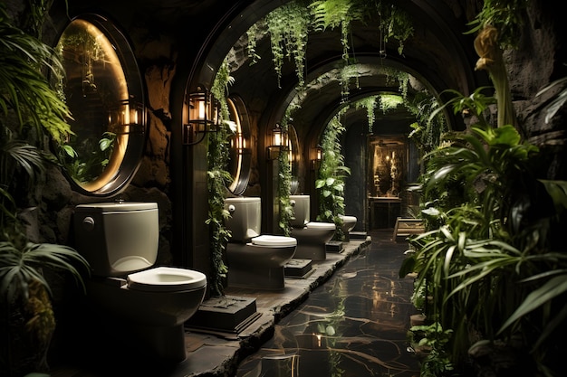 Foto gratuita abbellimento di piante verdi toilette pubbliche in stile grotta