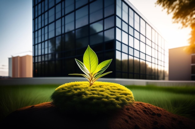 A green plant is growing in a field with a building in the background.