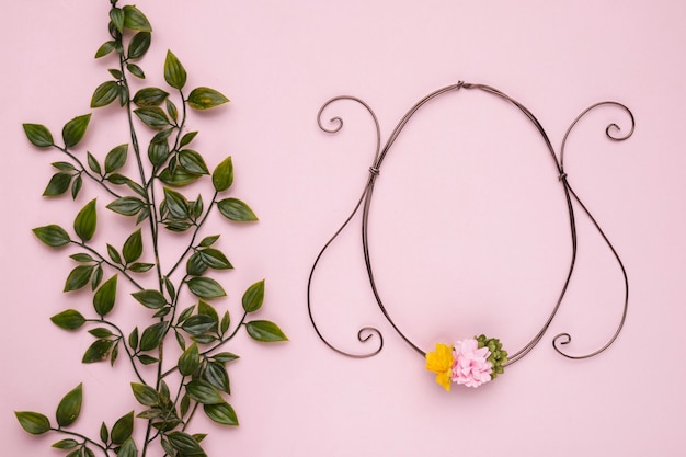 Green plant with leaves near the oval frame against pink backdrop