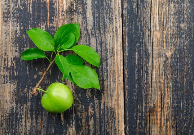 Green plum with branch on wooden wall, top view.