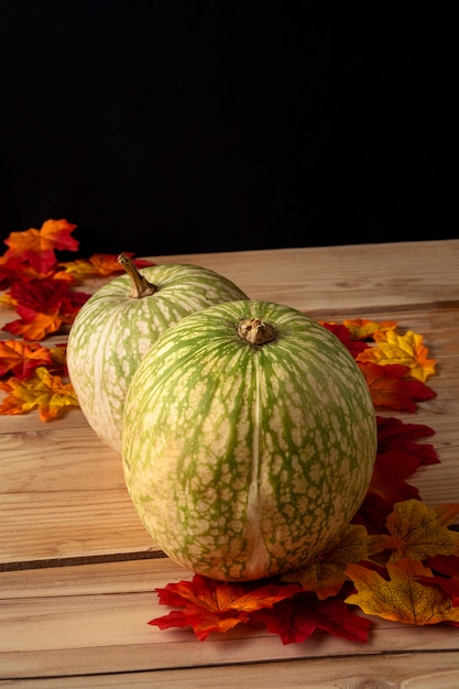 Foto gratuita zucche verdi con foglie d'autunno