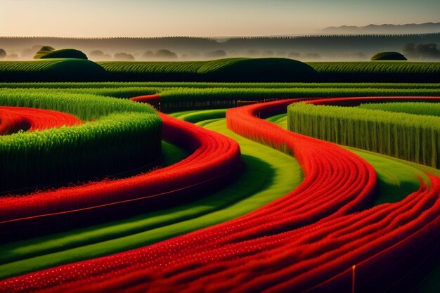 Foto gratuita un campo verde e rosso con un campo verde e il cielo sullo sfondo.