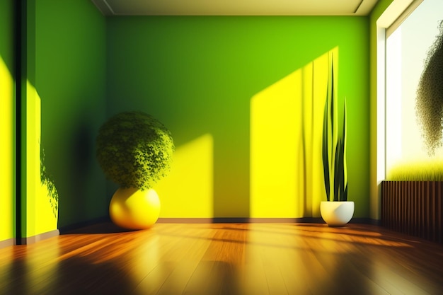A green room with a plant in the corner and a yellow ball on the floor.
