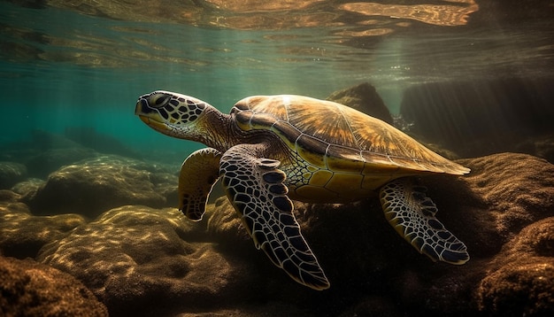 Free photo green sea turtle swimming in tropical waters generated by ai