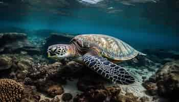 Free photo a green sea turtle swims in the waters of the galapagos islands.