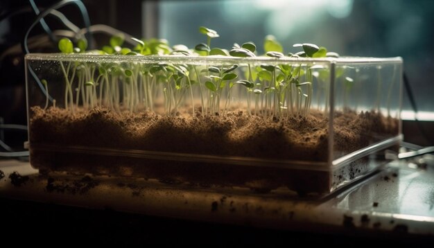 Green seedling growth in laboratory for scientific research generated by AI