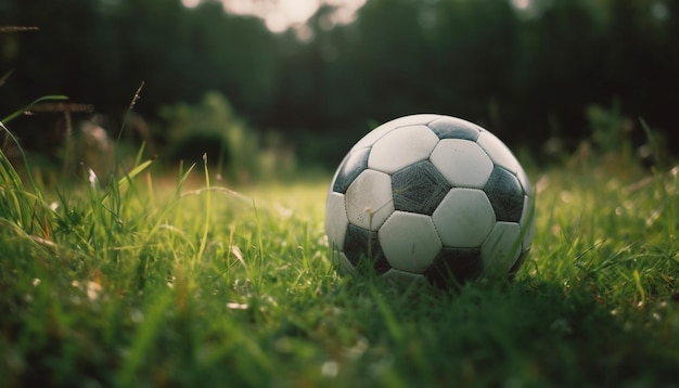 Free photo green soccer ball rolls on grass field generated by ai