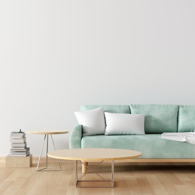 Зеленый диван в белой гостиной с пустым столом для макета
