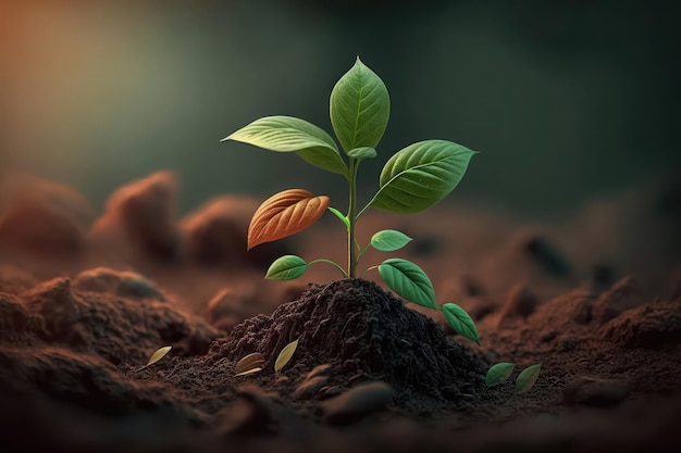 Зеленые ростки в темной почве на размытом фоне, символизирующие концепцию роста и потенциала