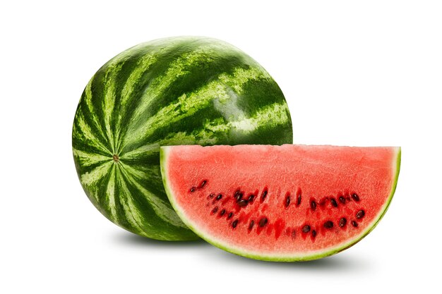 Green, striped, ripe watermelon with a slice in a cross-section, isolated on white background with copy space for text or images. Special kind of a berry. Sweet pink flesh with black seeds. Side view.