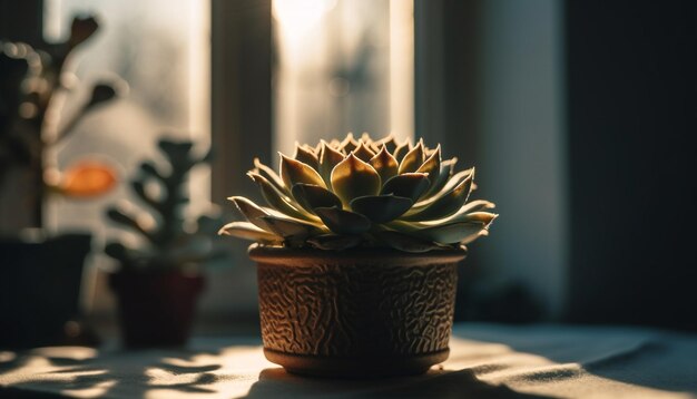 Green succulent plant in glass vase indoors generated by AI
