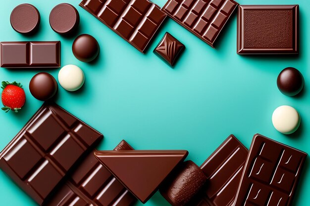 Зеленый стол с шоколадными батончиками и белым кругом со словом «шоколад».