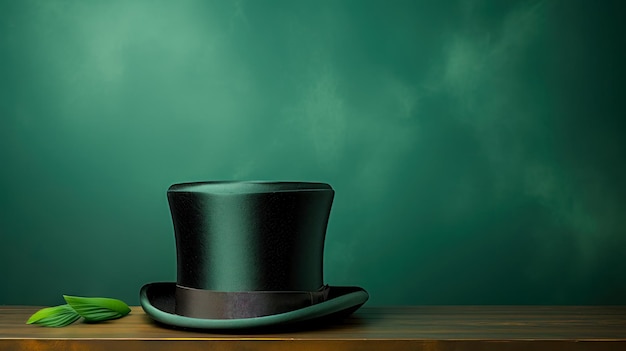Free photo green tall leprechaun hat on table on green emerald background st patrick's day card