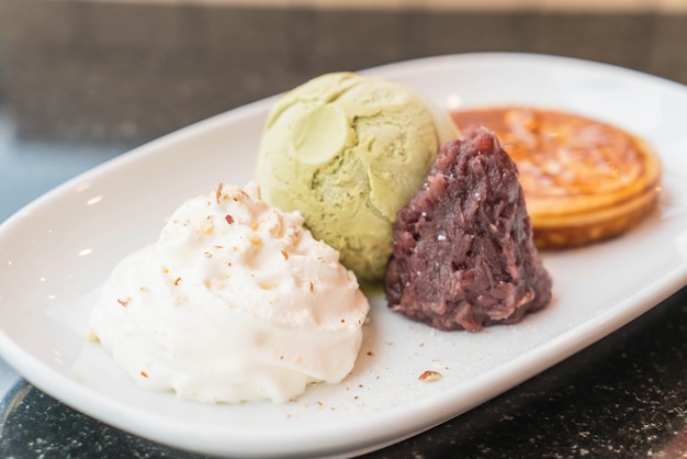 green tea ice-cream with pancake ,red bean and whipping cream