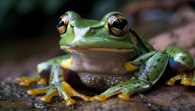 Бесплатное фото Зеленая жаба в тропическом лесу смотрит в сторону, сгенерированная искусственным интеллектом
