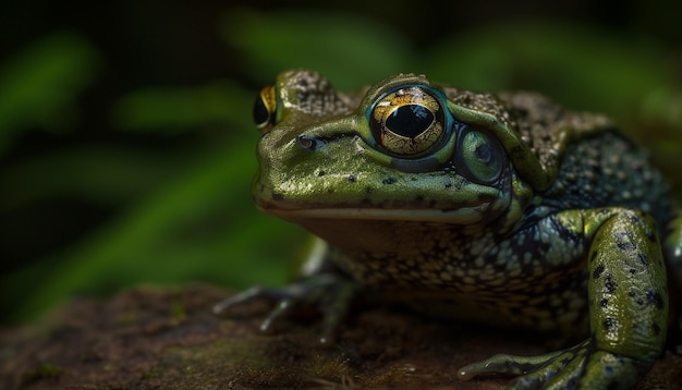 Free photo green toad sitting on leaf in pond generated by ai