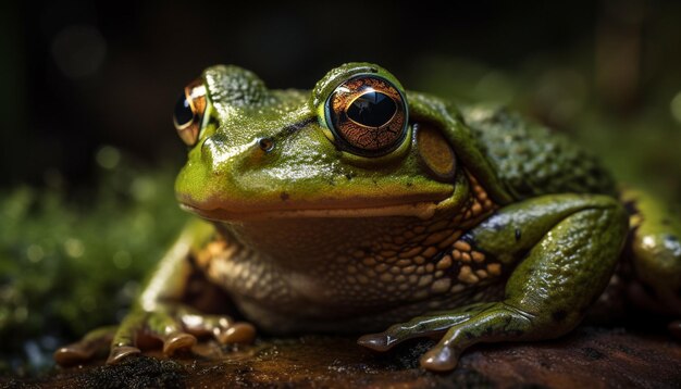 Green tree frog sitting on wet leaf generated by AI