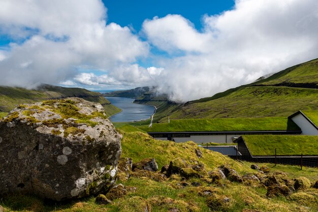 Green valley Mjorkadalur on the Faroese island